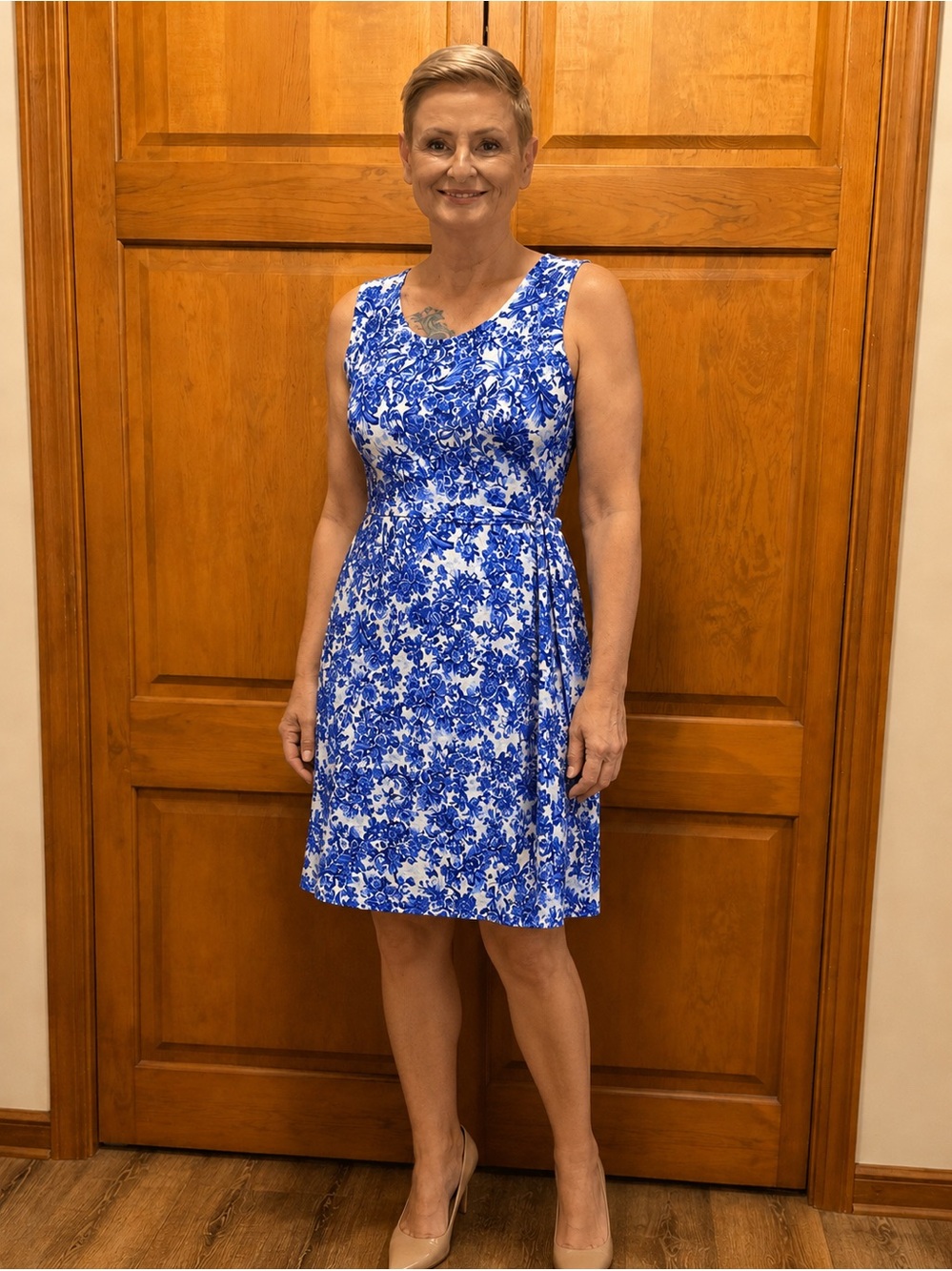 Anne Klein Blue Floral Sleeveless A-Line Dress